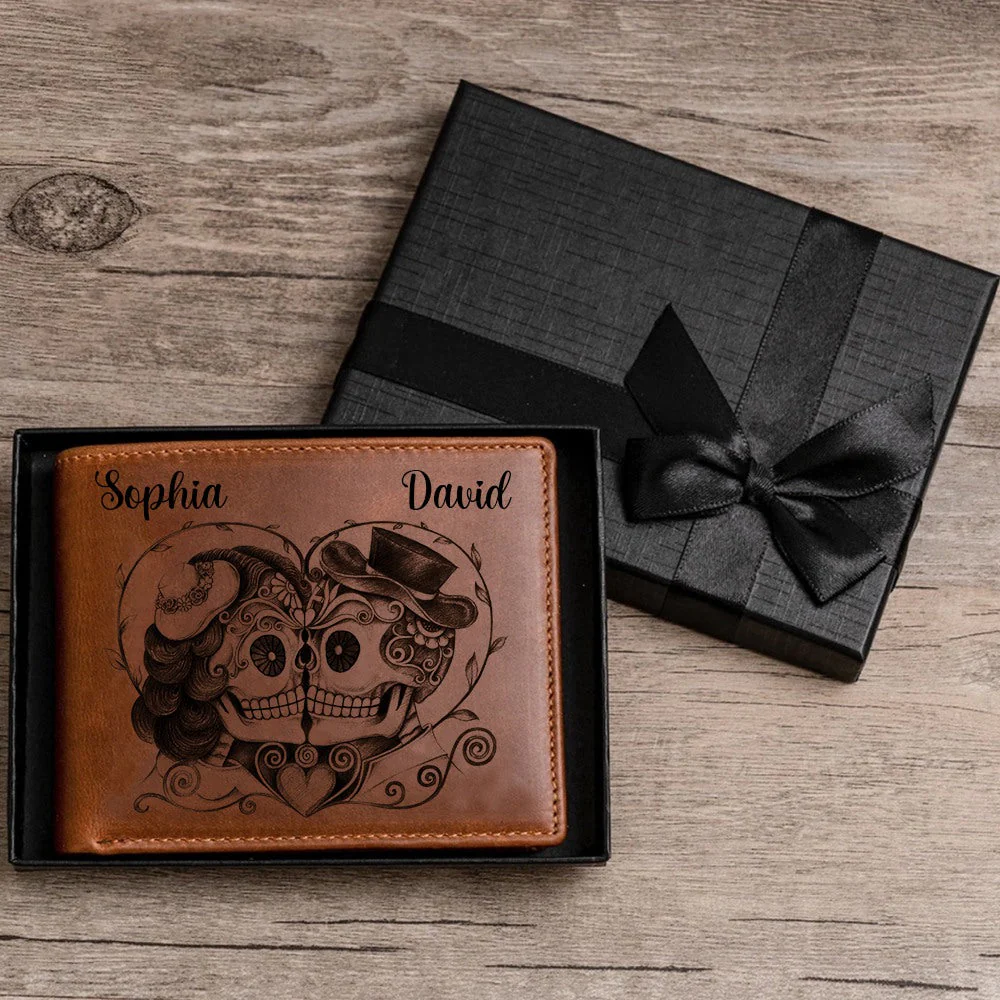 Personalized Skull Couple Gift - Genuine Premium Leather Card Wallet - Image 5