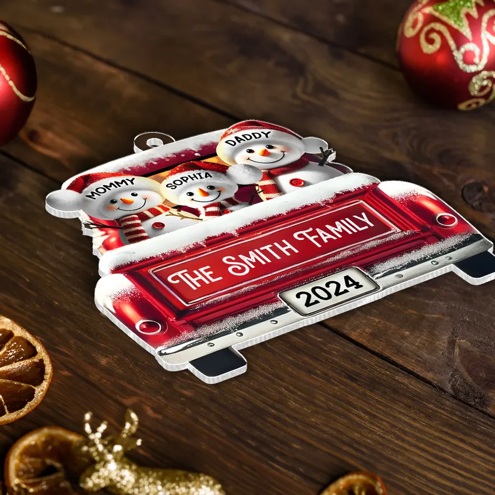 Personalized Snowman Family Acrylic Christmas Ornament, Red Truck Custom Name - Image 3