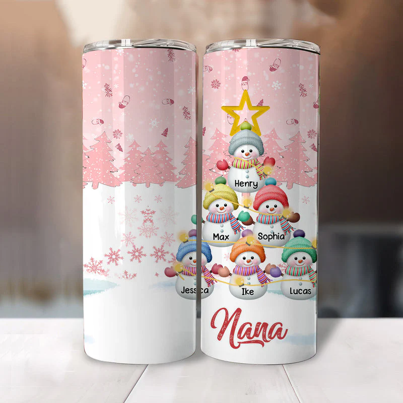 Personalized Snowman Kid Pink Sky Skinny Tumbler - Image 3