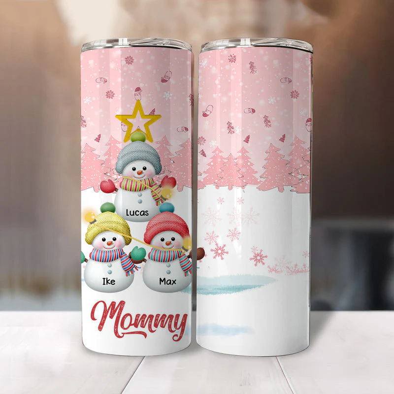 Personalized Snowman Kid Pink Sky Skinny Tumbler - Image 5