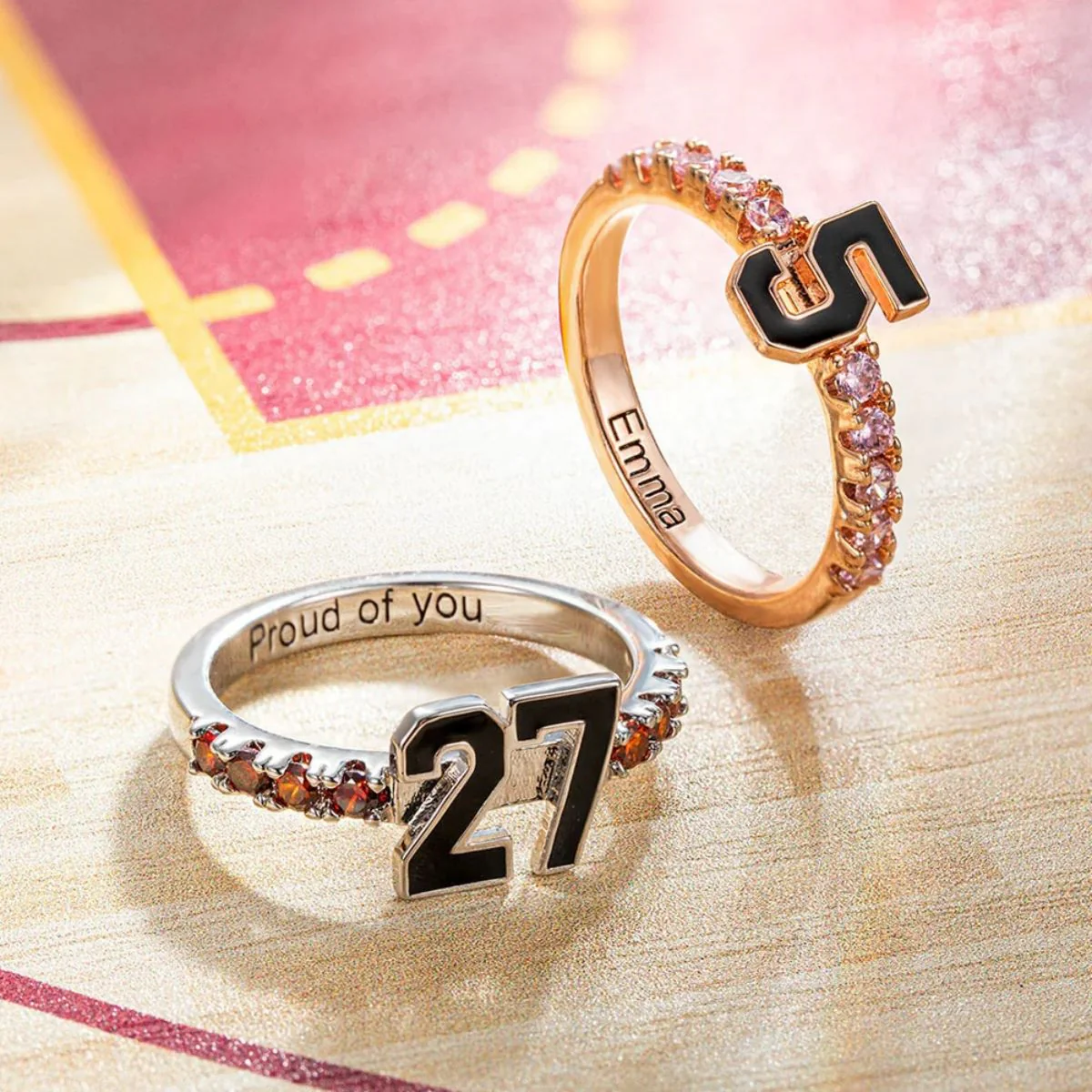 Personalized Sports Team Number Birthstone Ring with Custom Engraving Text - Basketball Baseball Mom Ring - Image 6