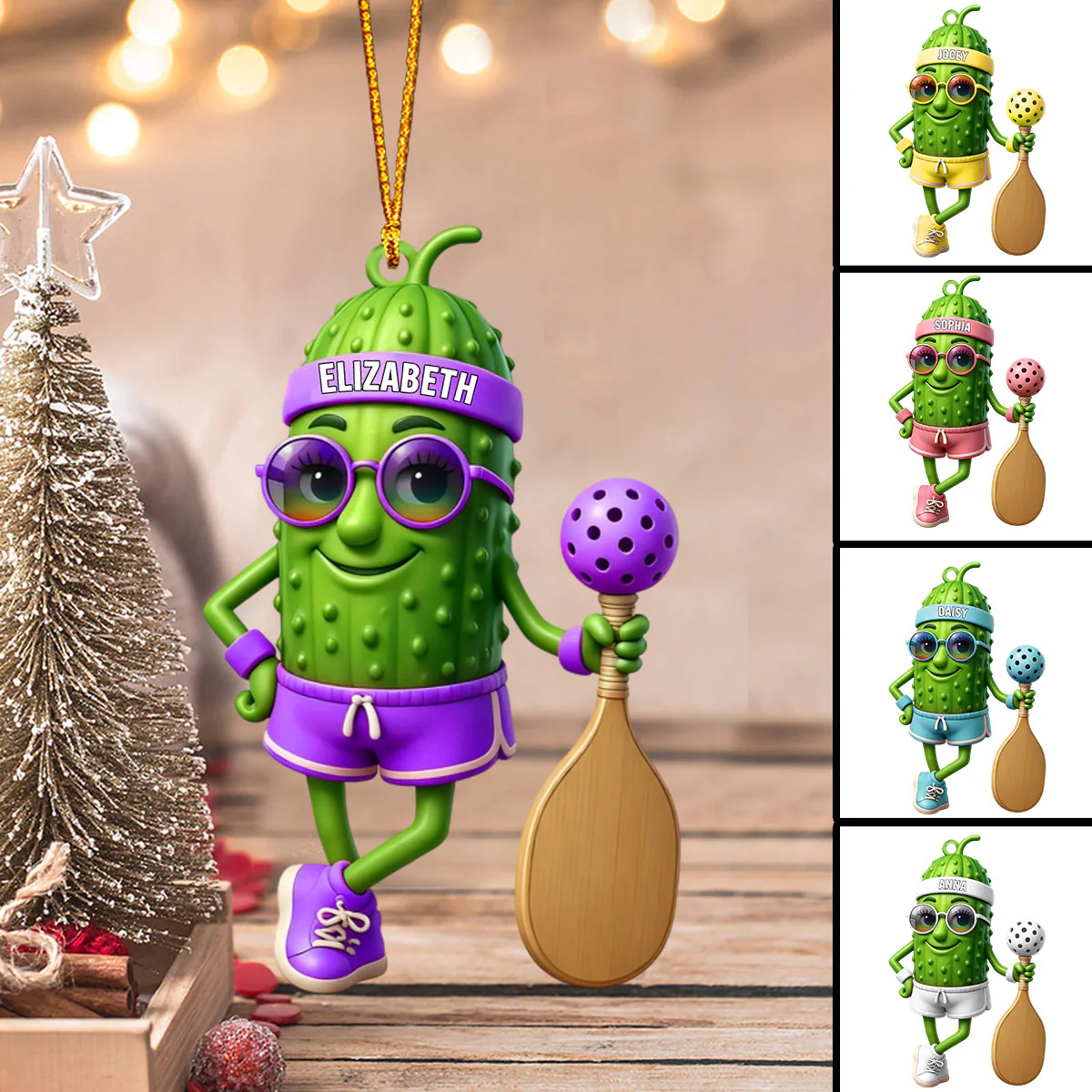 Personalized Sporty Cucumber Pickleball Christmas Acrylic Ornament - Image 2