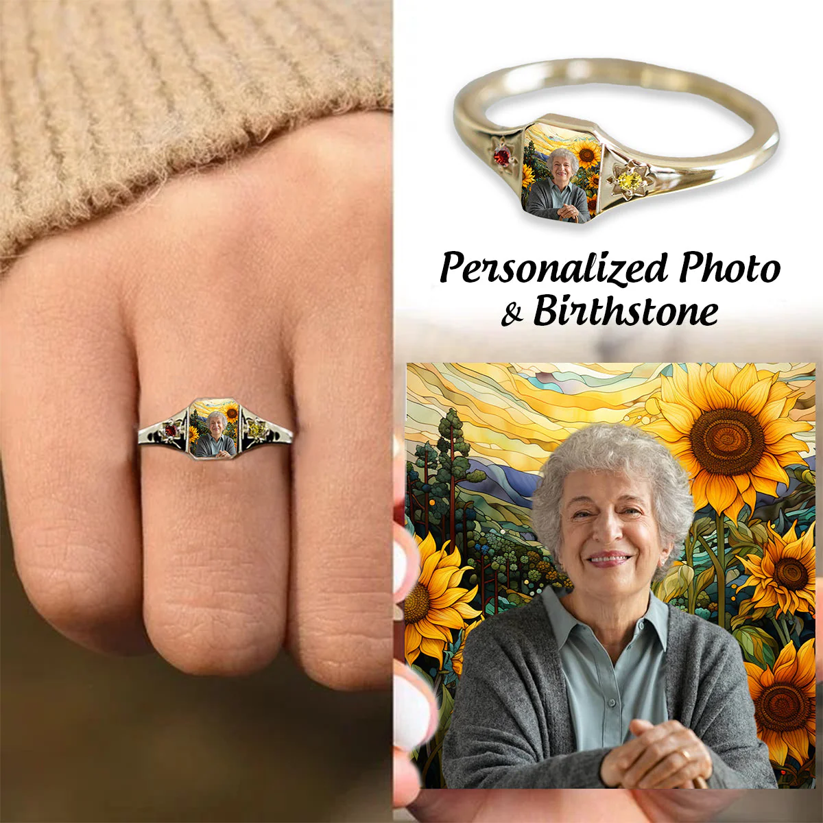 Personalized Stained Glass Background Photo Birthstone Ring - Image 2