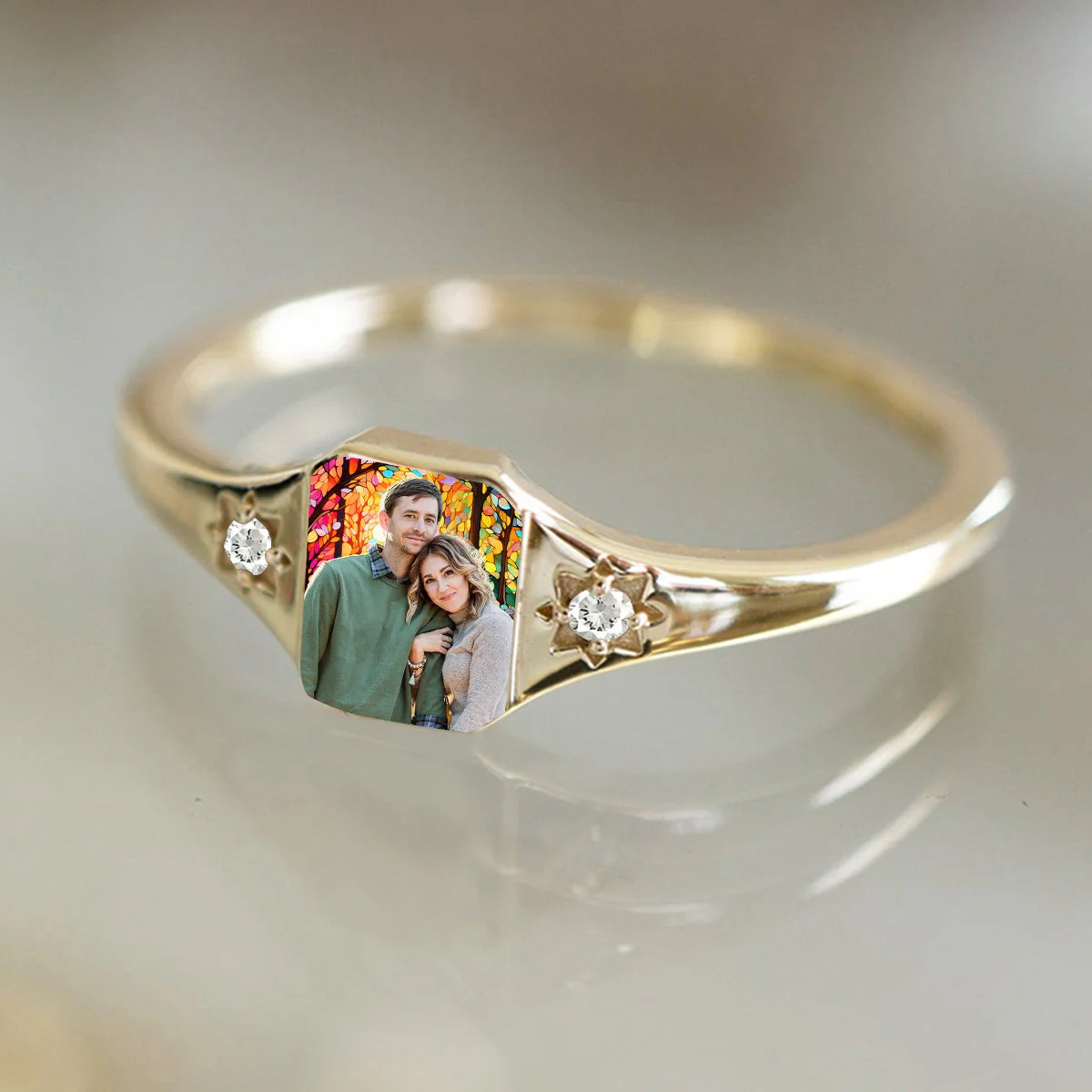 Personalized Stained Glass Background Photo Birthstone Ring - Image 6