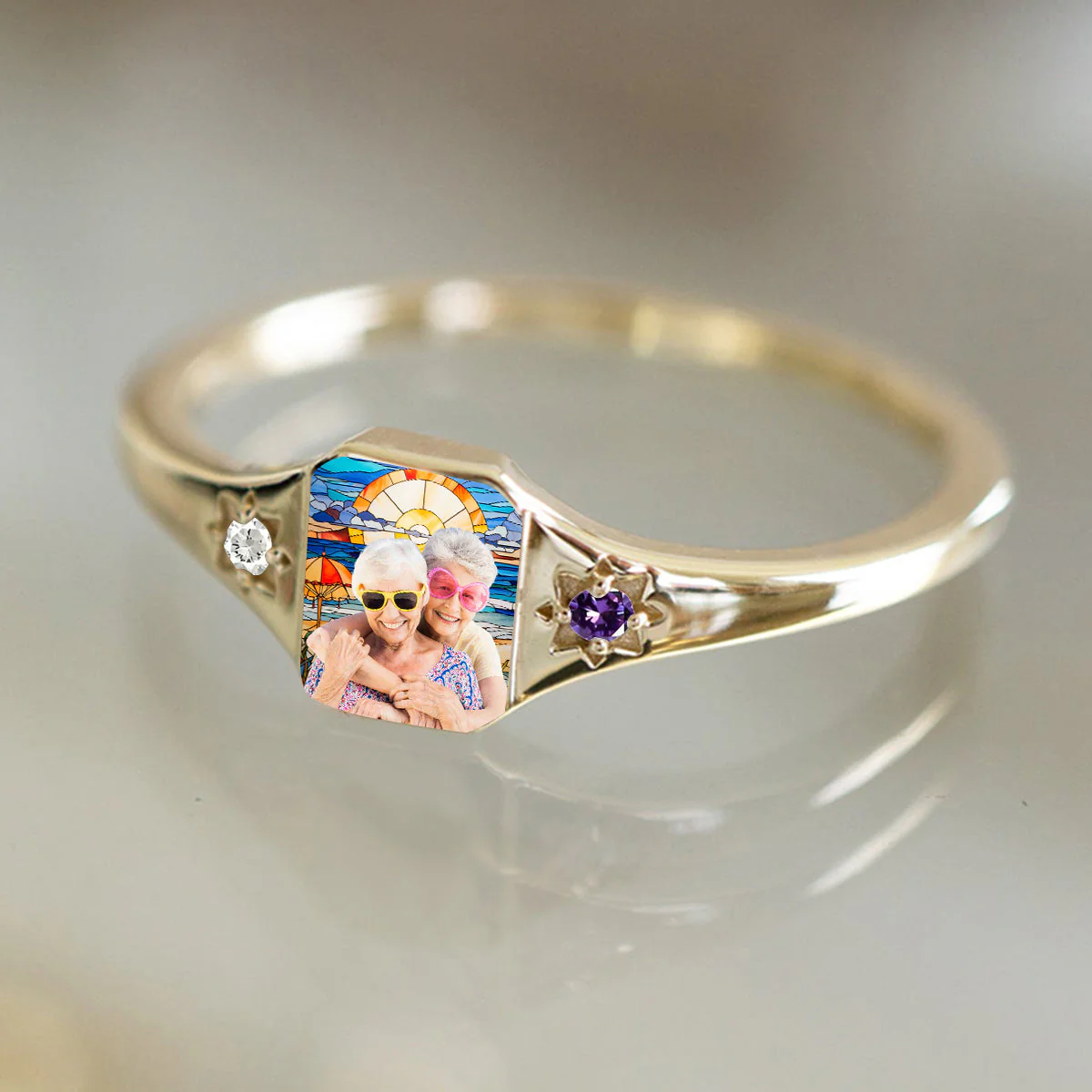 Personalized Stained Glass Background Photo Birthstone Ring - Image 8