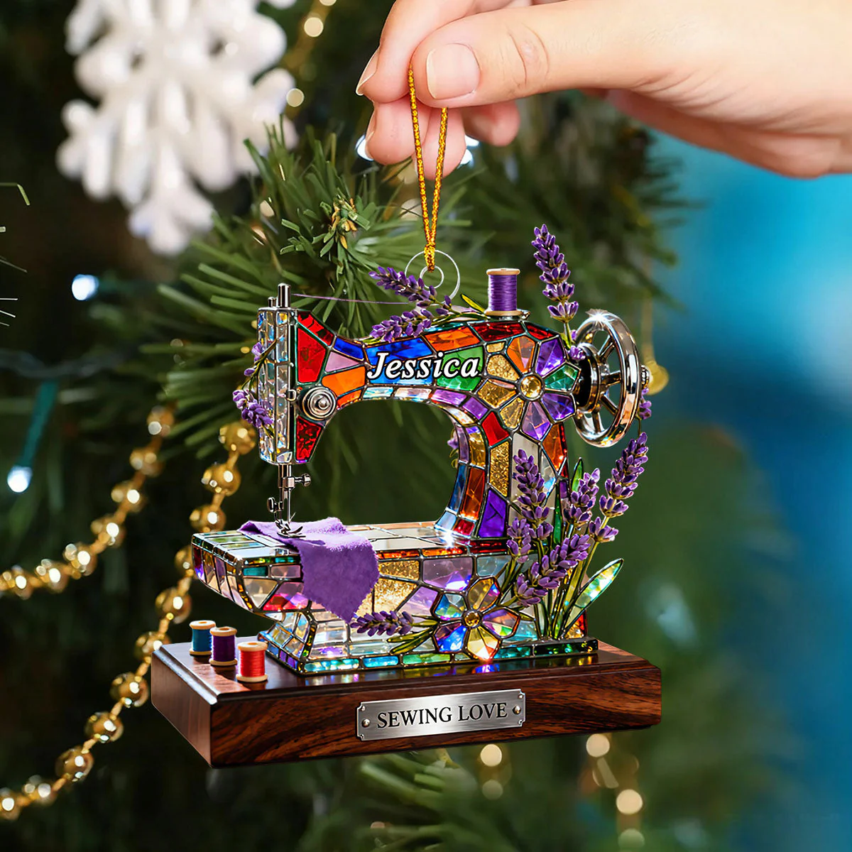 Personalized Stained Glass Effect Sewing Machine Themed Ornament - Image 2