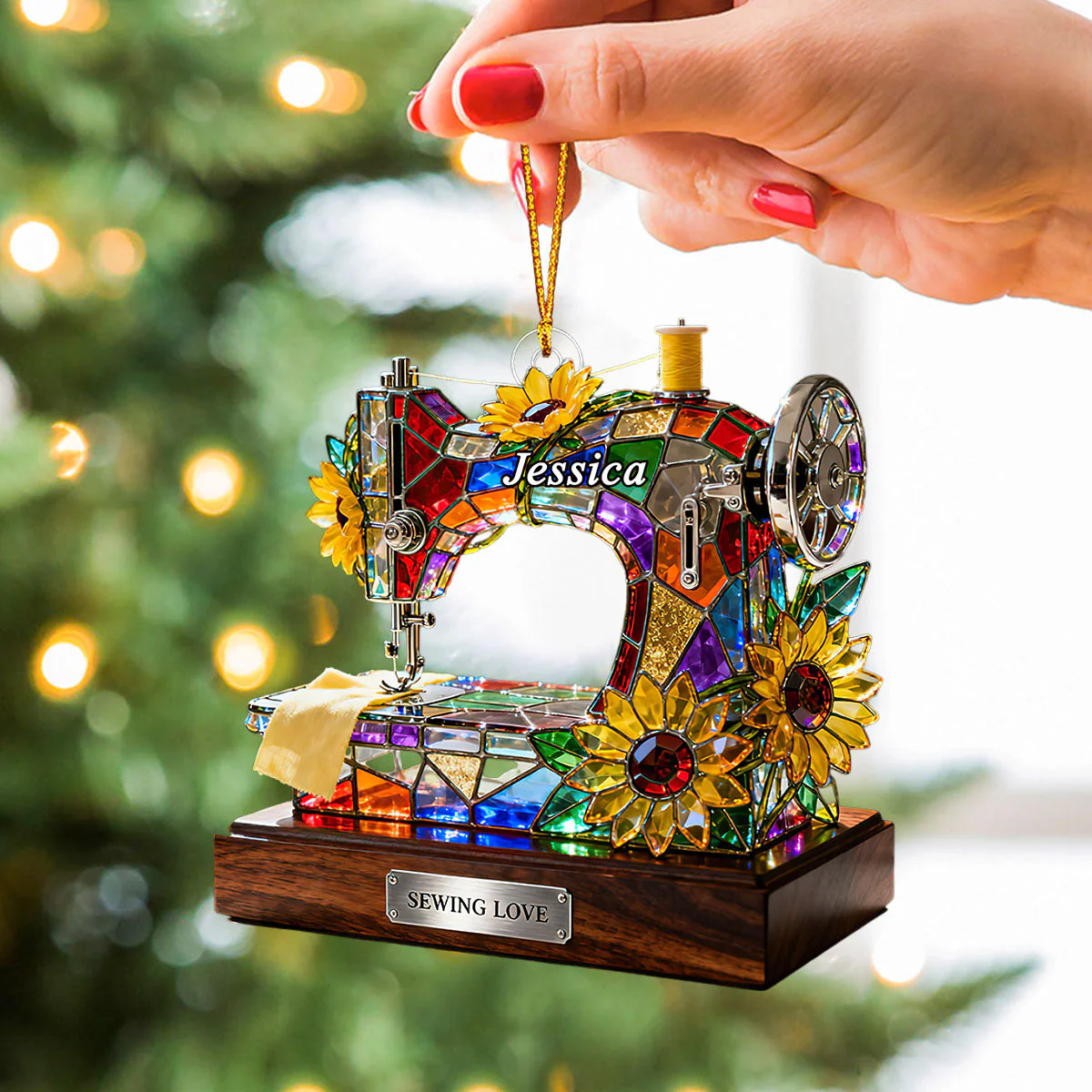 Personalized Stained Glass Effect Sewing Machine Themed Ornament - Image 3