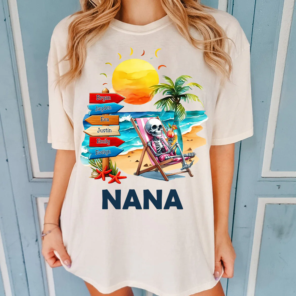 Personalized Summer Beach Grandma Mom Skull Sign Pure Cotton T-shirt - Image 2