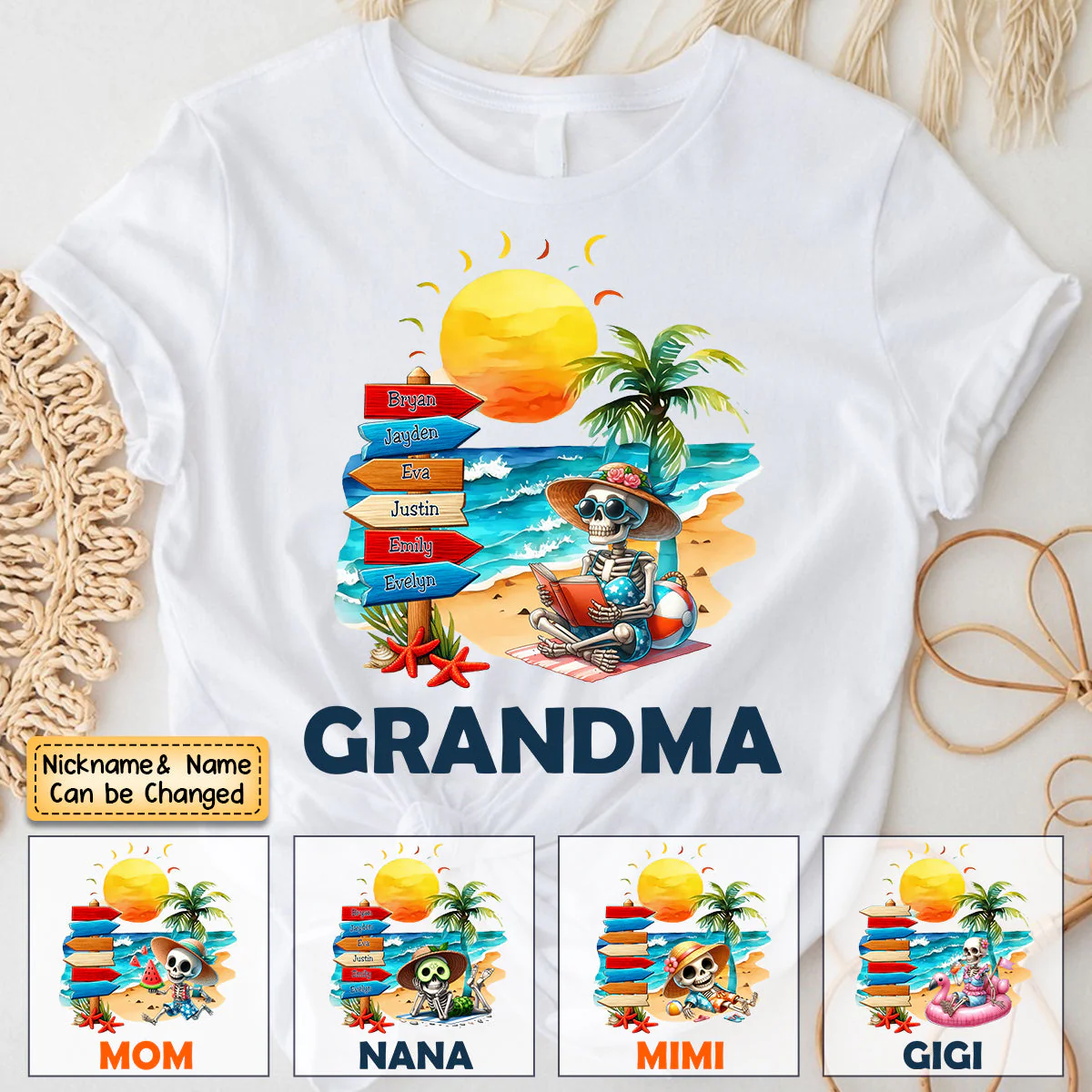 Personalized Summer Beach Grandma Mom Skull Sign Pure Cotton T-shirt - Image 3