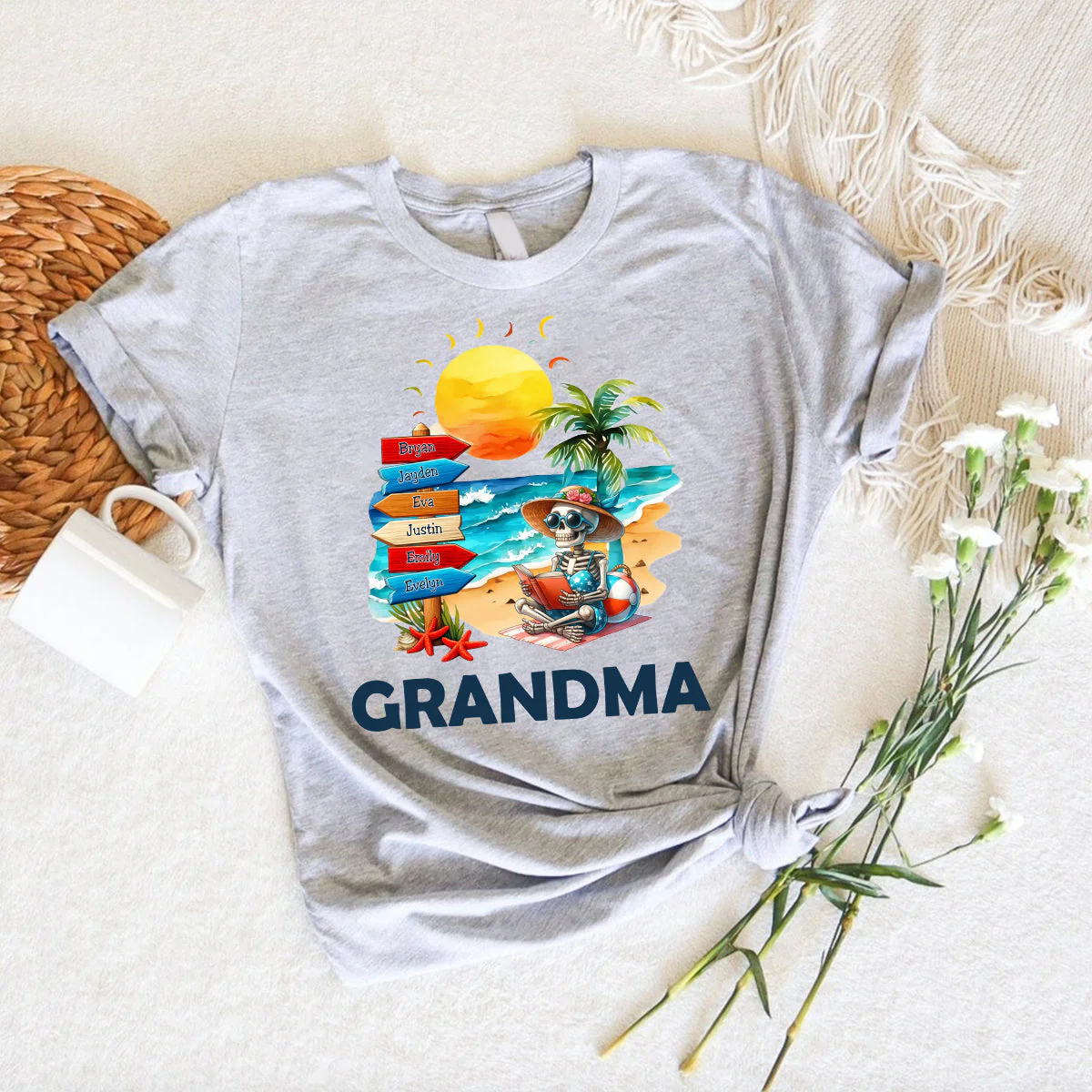 Personalized Summer Beach Grandma Mom Skull Sign Pure Cotton T-shirt - Image 4