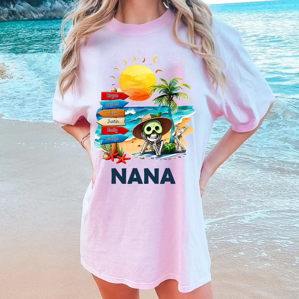 Personalized Summer Beach Grandma Mom Skull Sign Pure Cotton T-shirt - Image 5