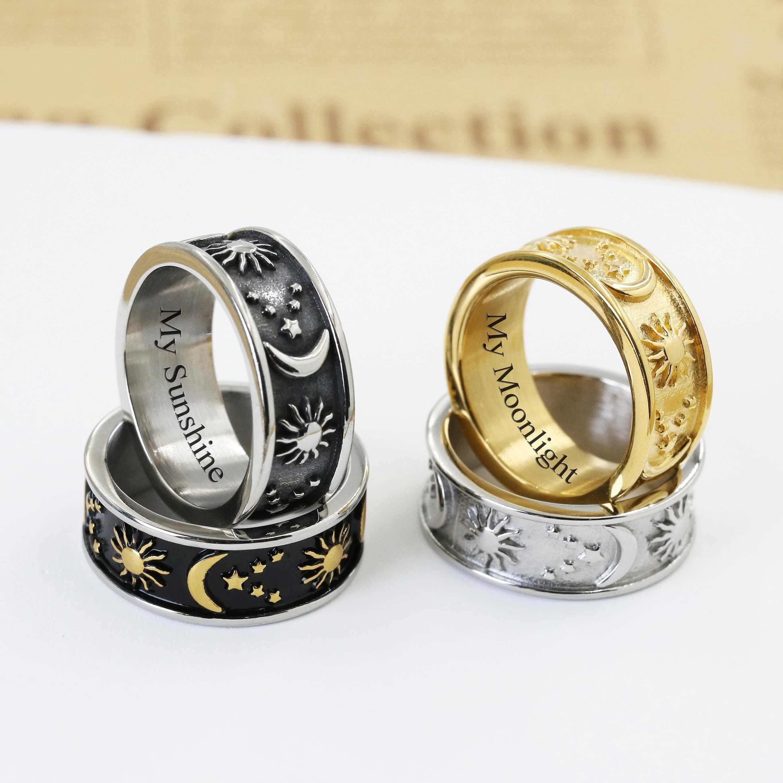 Personalized Sun Moon Star Ring For Couple, BBF, Engraved Vintage Rings