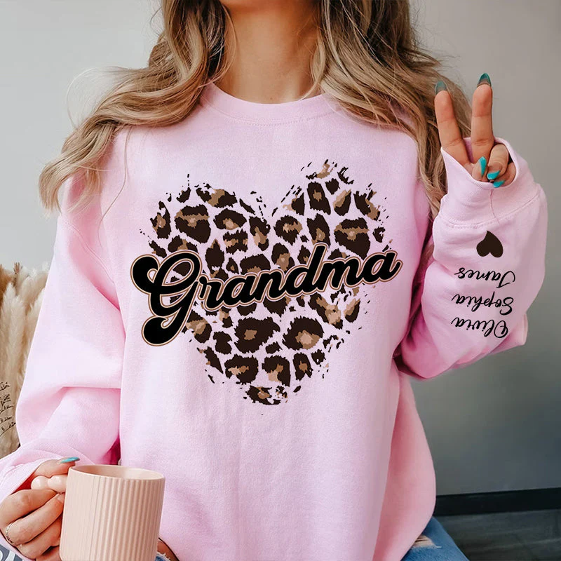 Personalized Sweatshirt Sleeve Kid Names With Grandma Heart Leopard Pattern - Image 5