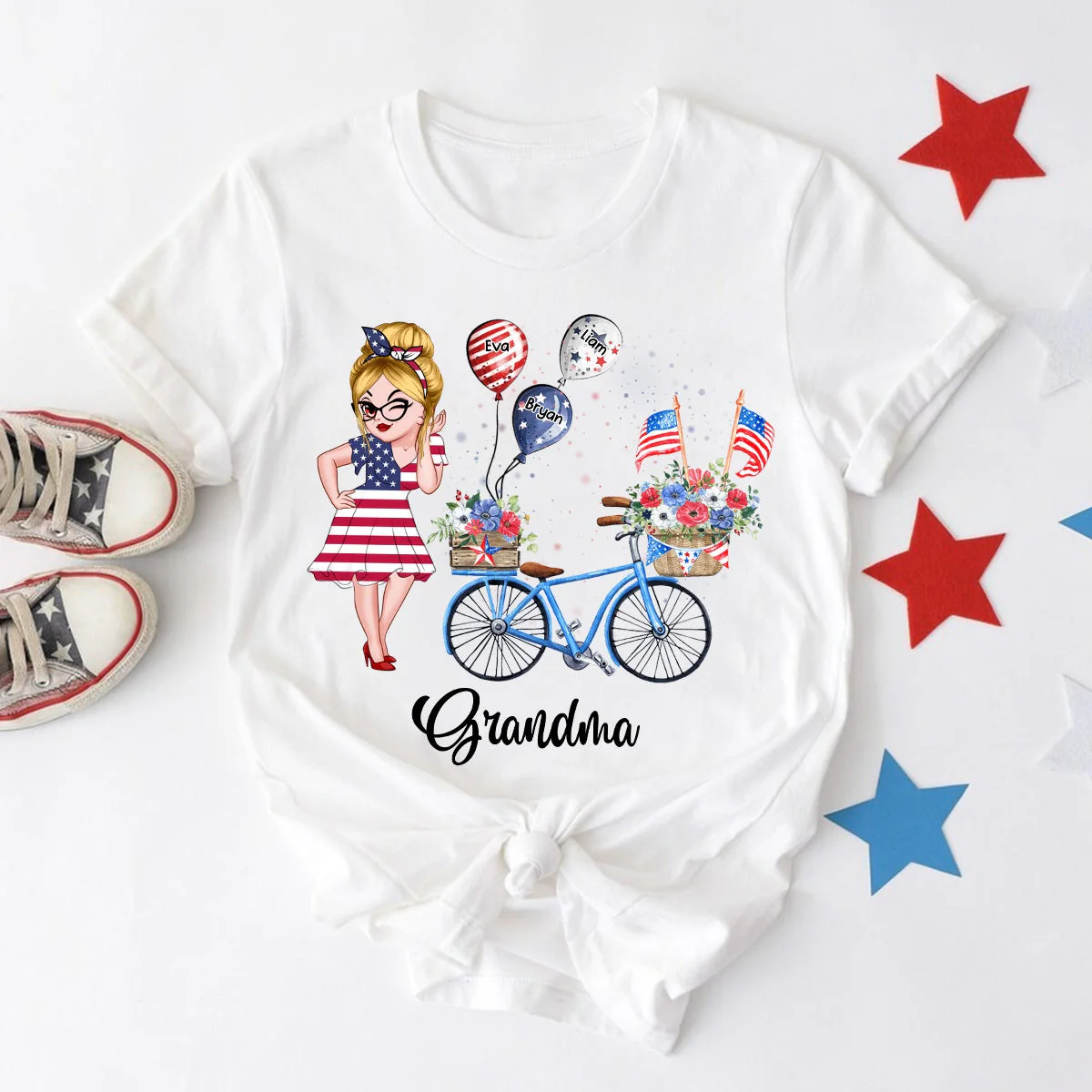 Personalized T-Shirt - 4th of July Grandma Mom Bike With Little Balloon Kids - Image 2
