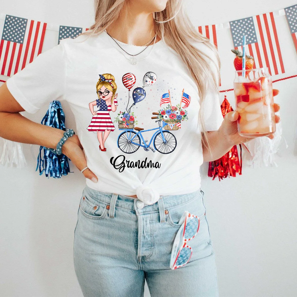 Personalized T-Shirt - 4th of July Grandma Mom Bike With Little Balloon Kids - Image 3