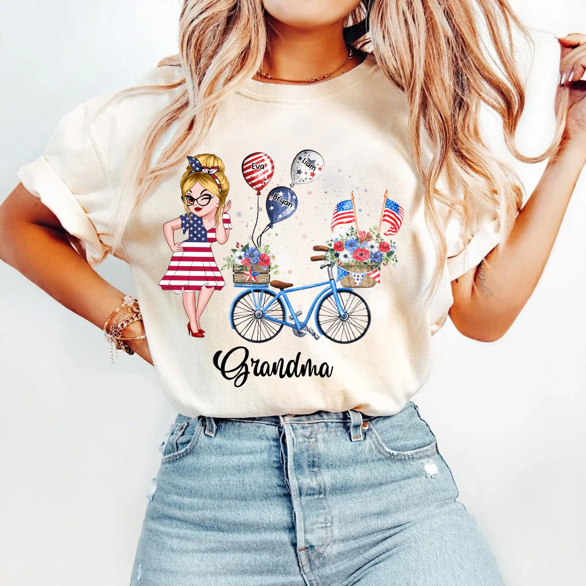 Personalized T-Shirt - 4th of July Grandma Mom Bike With Little Balloon Kids - Image 4