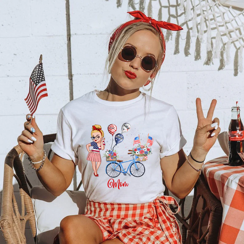 Personalized T-Shirt - 4th of July Grandma Mom Bike With Little Balloon Kids - Image 5