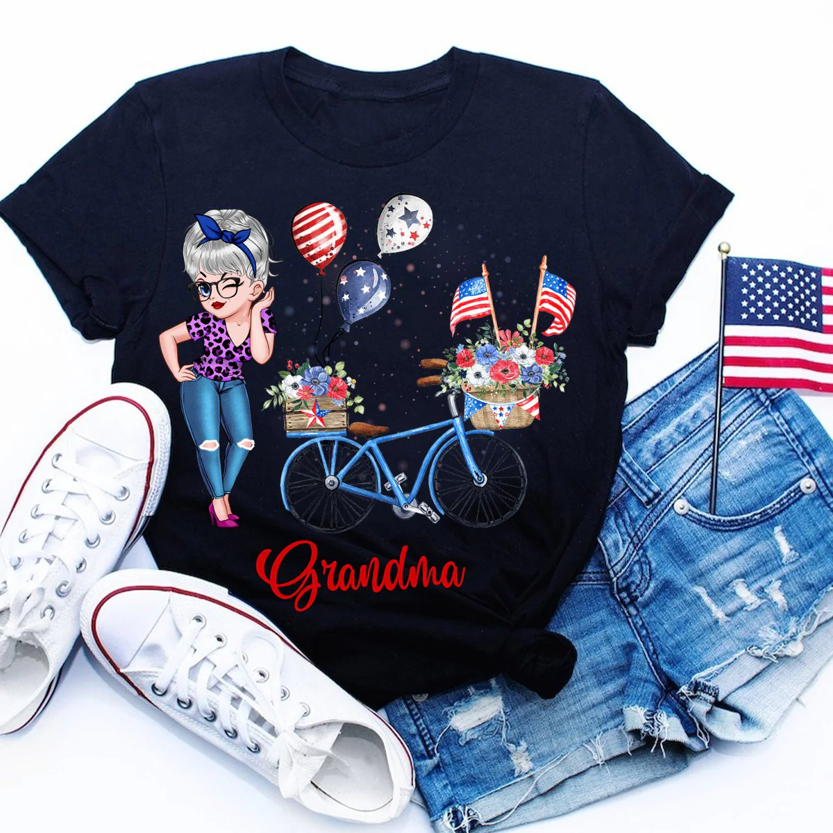 Personalized T-Shirt - 4th of July Grandma Mom Bike With Little Balloon Kids - Image 6