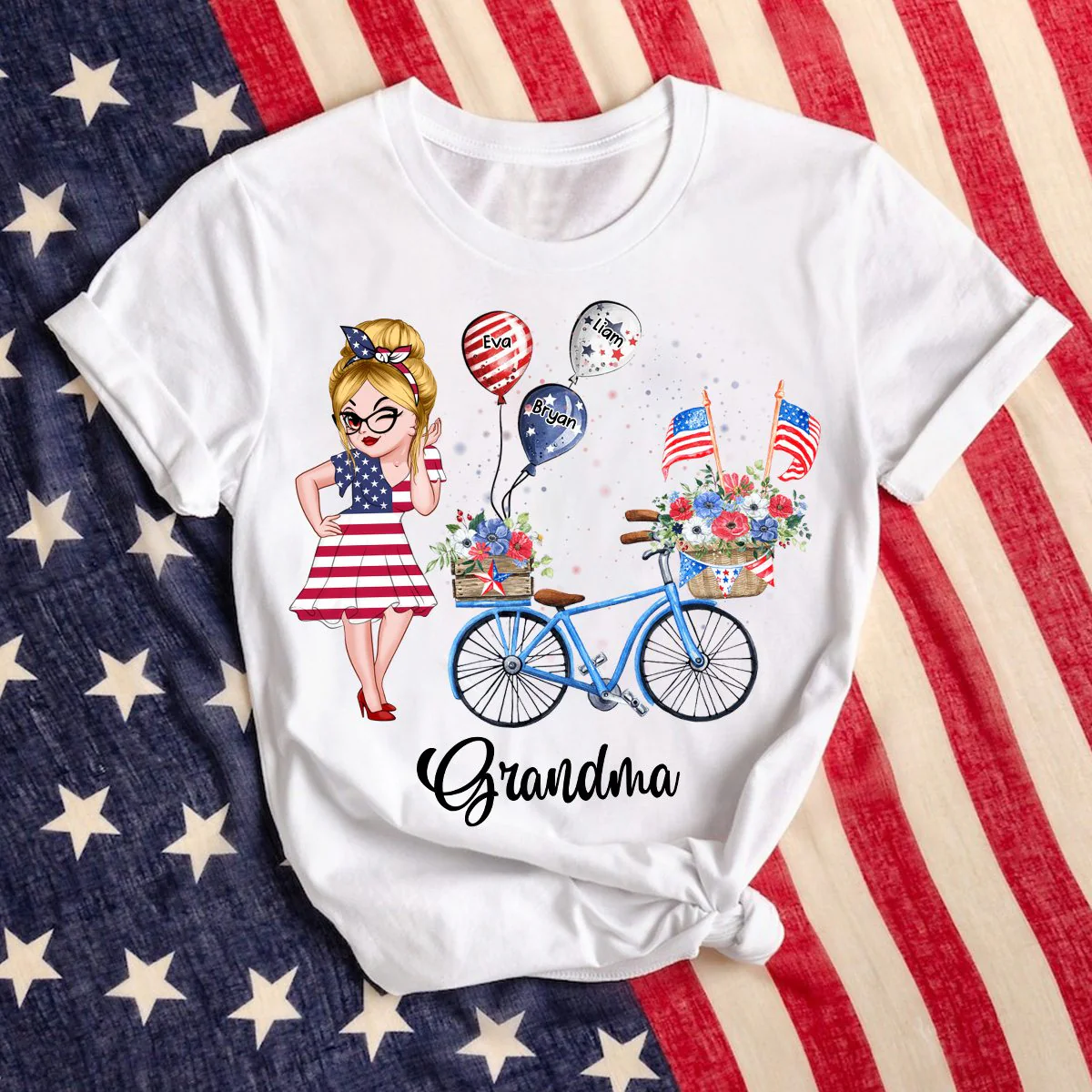 Personalized T-Shirt - 4th of July Grandma Mom Bike With Little Balloon Kids - Image 7