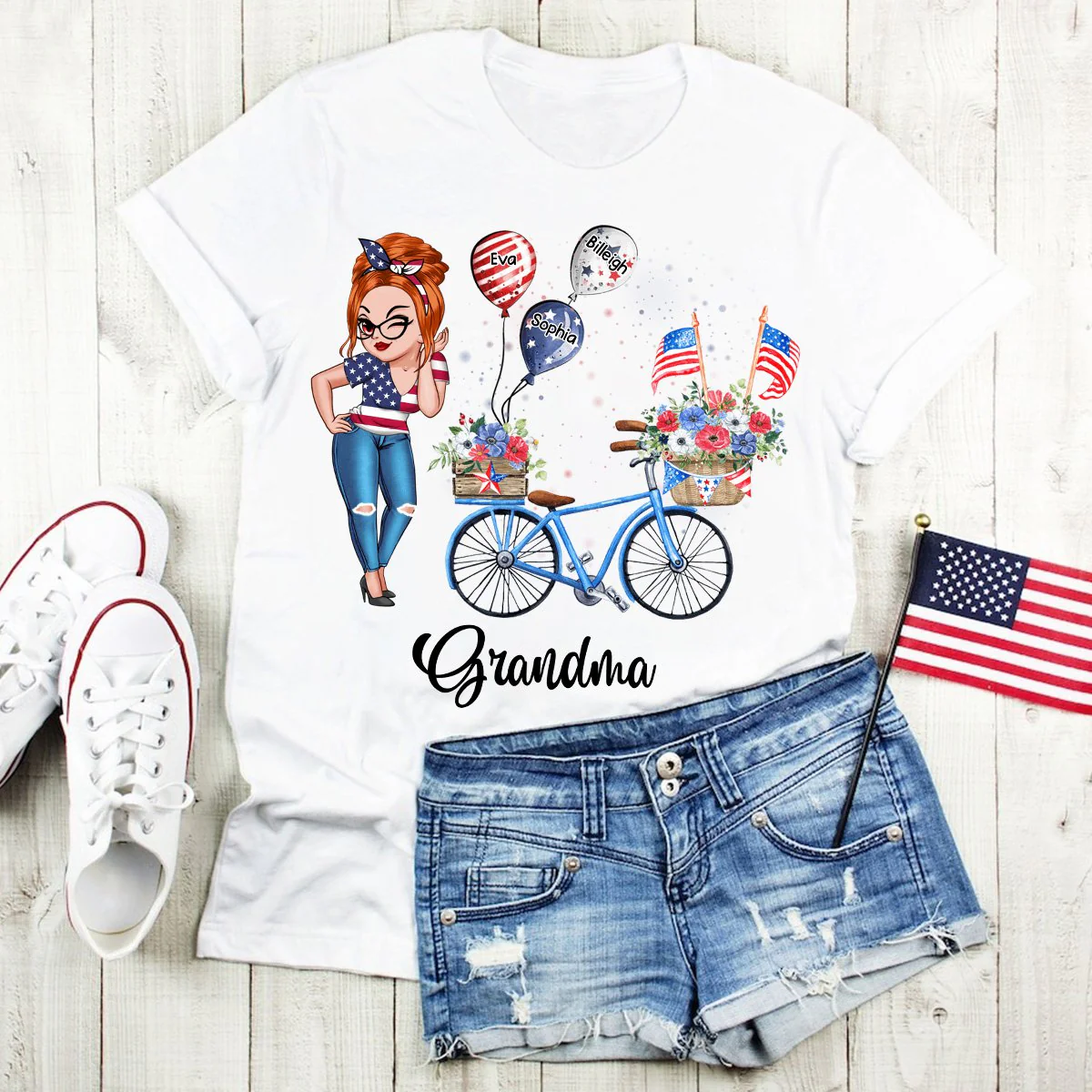 Personalized T-Shirt - 4th of July Grandma Mom Bike With Little Balloon Kids - Image 8
