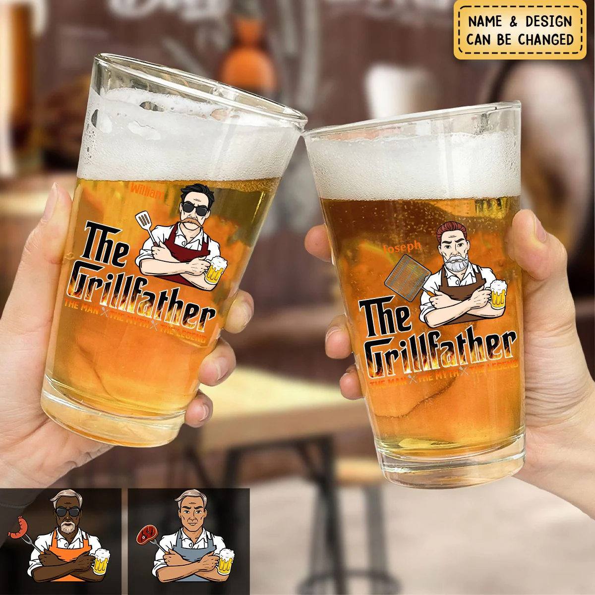Personalized The Grillfather, The Real Master Family Beer Glass - Image 4