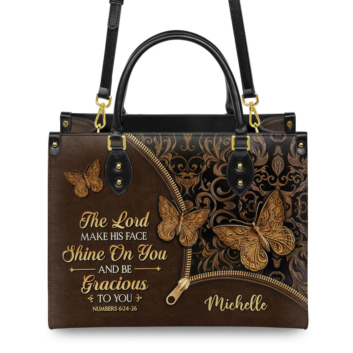 Personalized The Lord make his face shine on you and be gracious-Bible Verse Leather Bag - Image 3