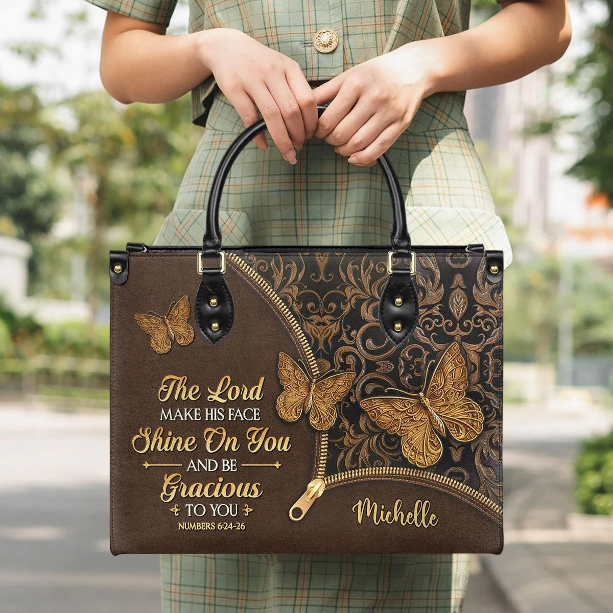 Personalized The Lord make his face shine on you and be gracious-Bible Verse Leather Bag - Image 5