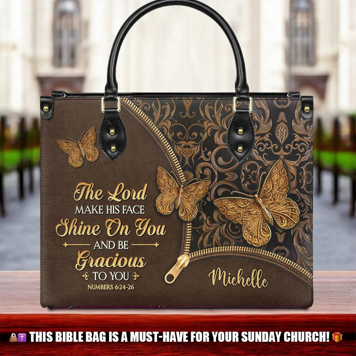 Personalized The Lord make his face shine on you and be gracious-Bible Verse Leather Bag - Image 6