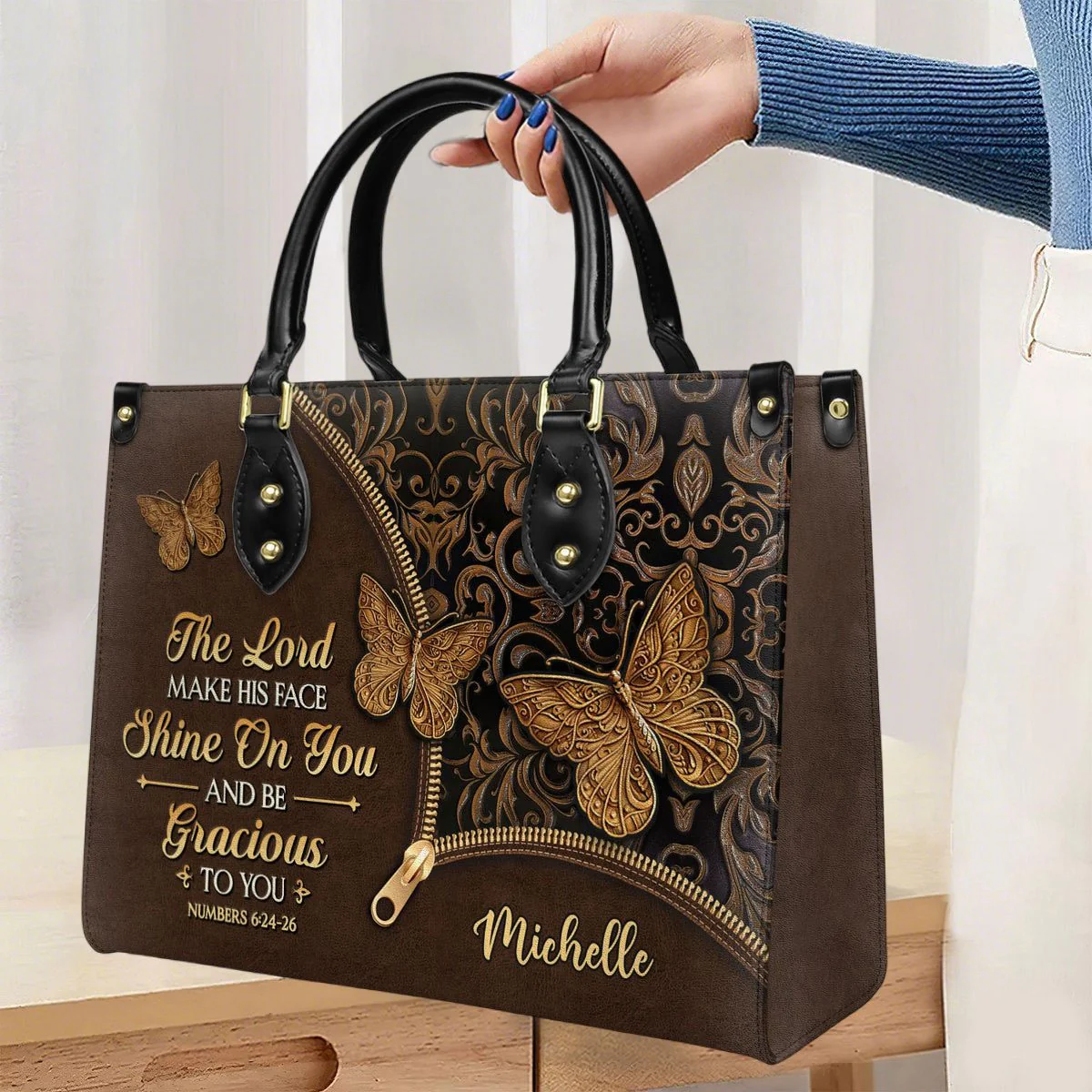 Personalized The Lord make his face shine on you and be gracious-Bible Verse Leather Bag - Image 7