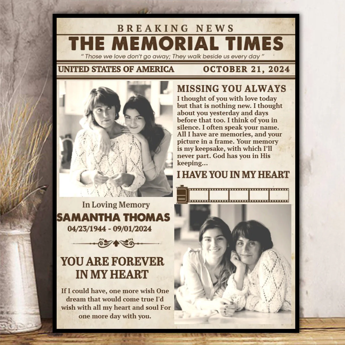 Personalized The Memorial Times Newspaper Canvas Poster - Image 3