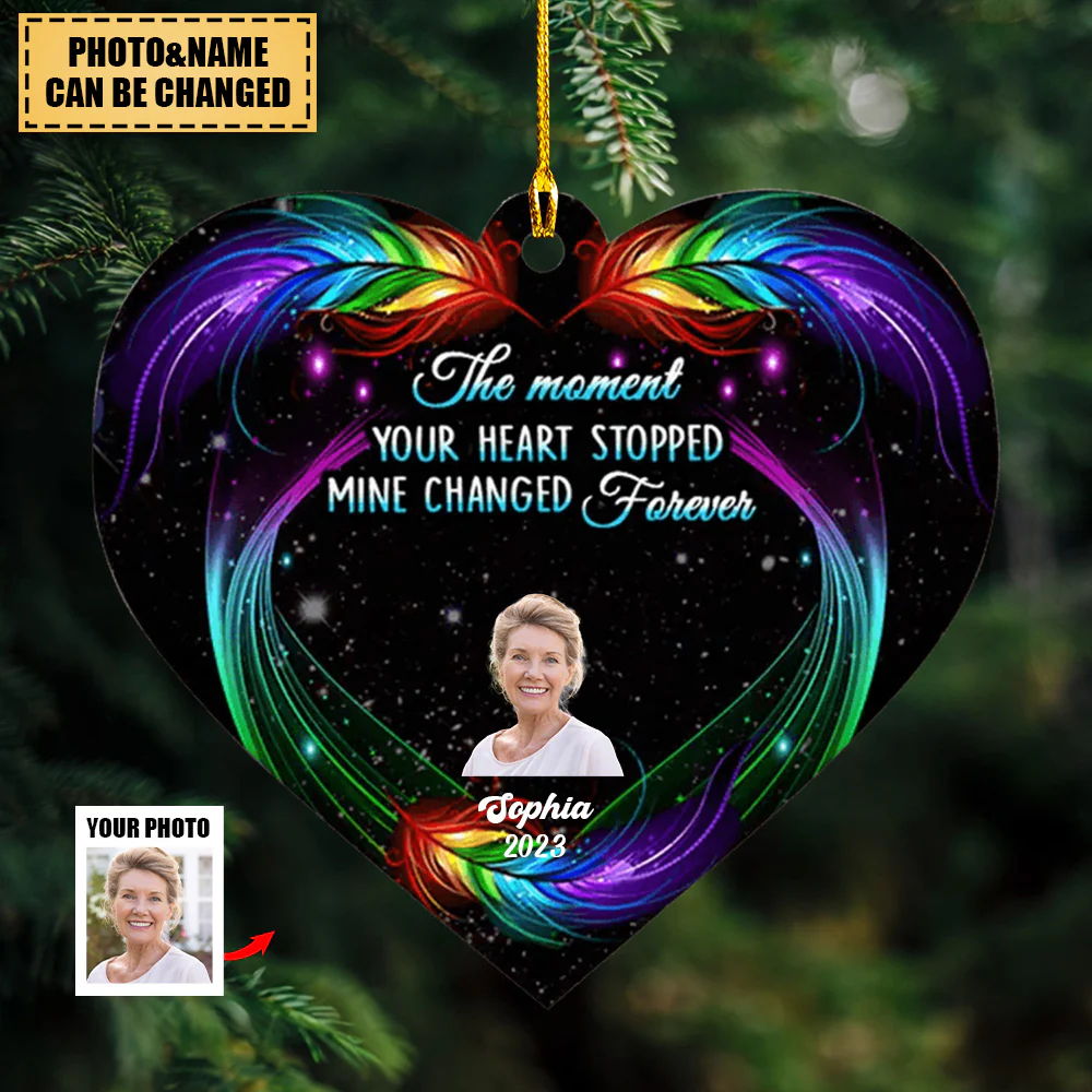 Personalized The Moment Your Heart Stopped Mine Changed Forever Butterfly Feather Pattern Memorial Acrylic Ornament - Image 2