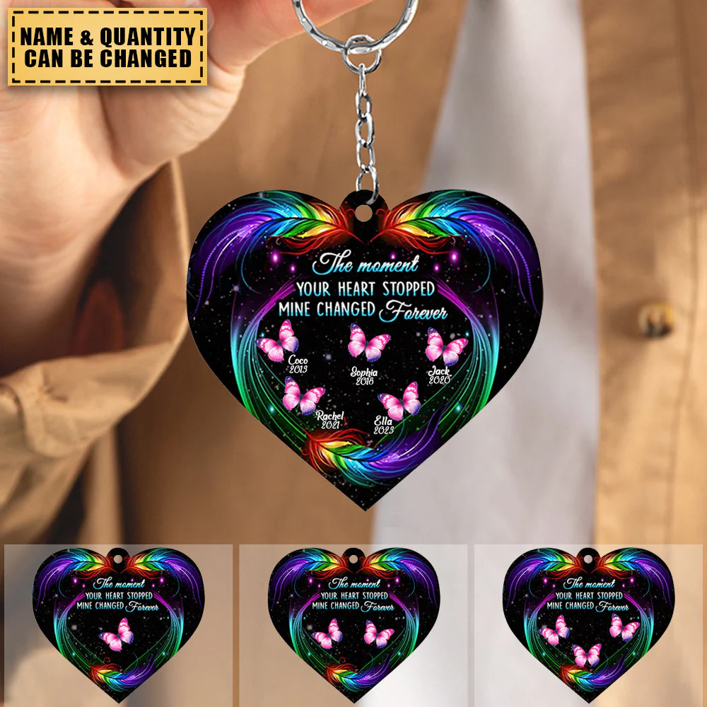 Personalized The Moment Your Heart Stopped Mine Changed Forever Butterfly Feather Pattern Memorial Shape Acrylic Keychain
