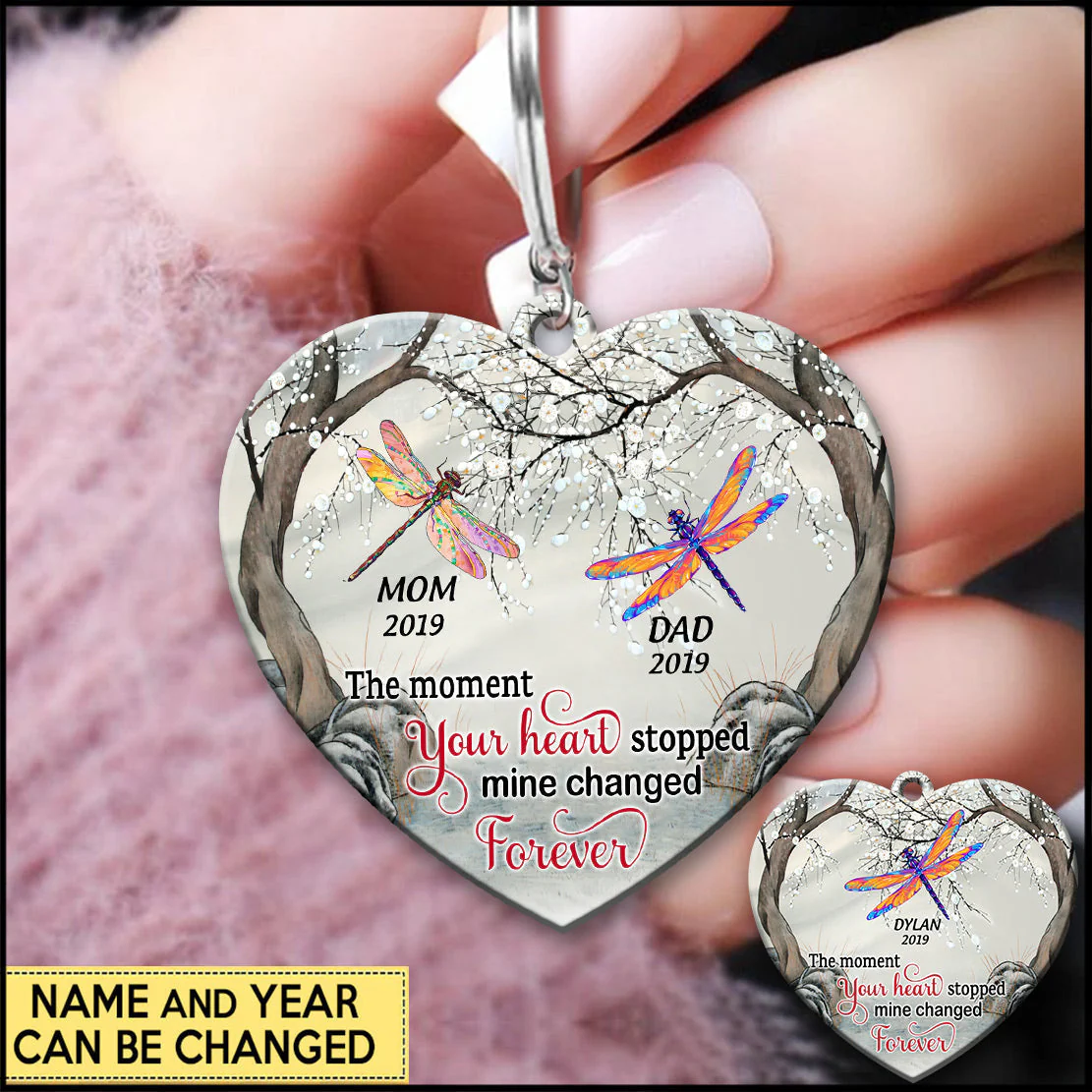 Personalized The Moment Your Heart Stopped Mine Changed Forever Dragonfly Memorial Gift Keychain - Image 2