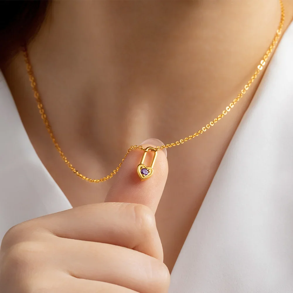 Personalized Tiny Heart Padlock Necklace with Birthstone Dainty Jewelry - Image 4