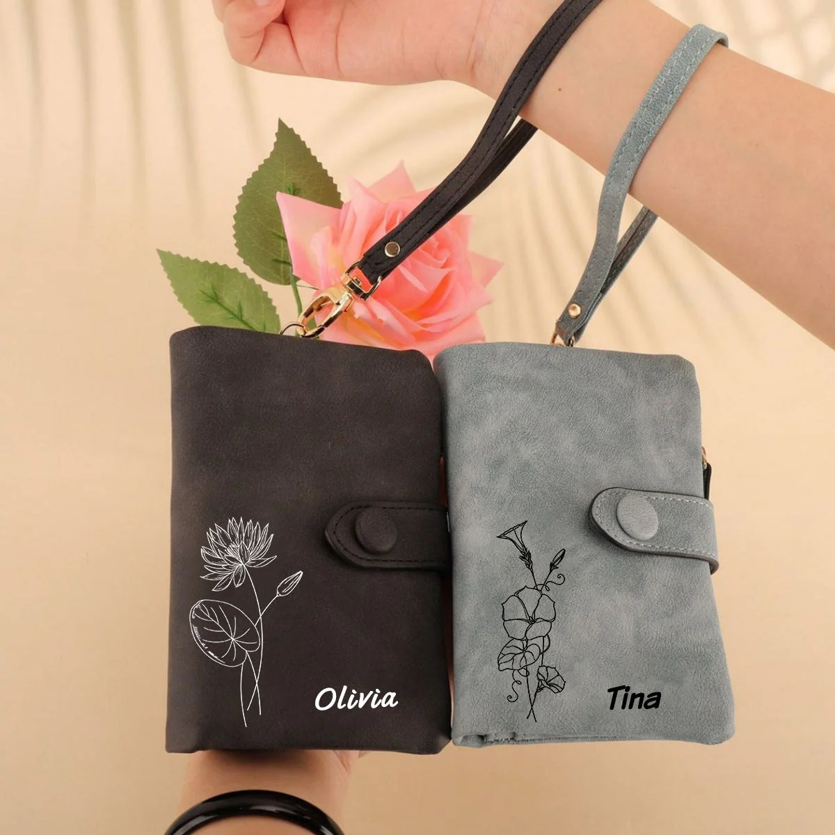 Personalized Tri-Fold Birth Flower Leather Wallet Card Holder - Image 3
