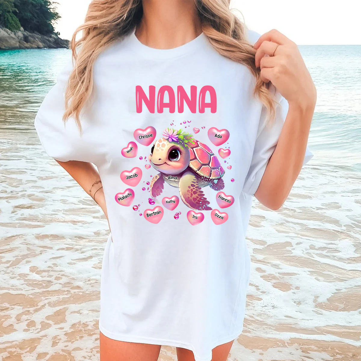 Personalized Turtle Grandma Pure Cotton T-shirt Hearts & Kid Names - Image 4