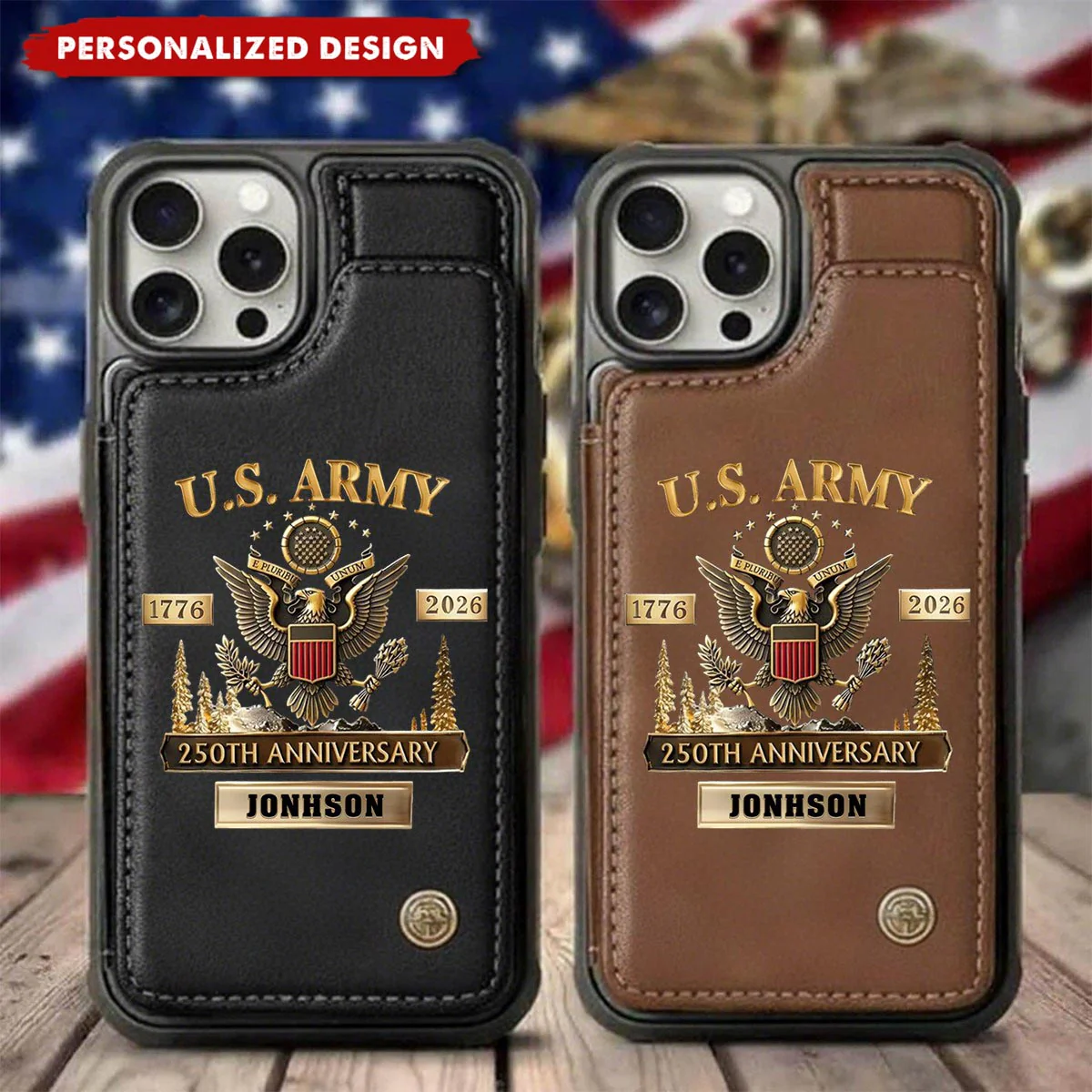 Personalized U.S. Army Leather Wallet Phone Case, 250th Anniversary Military Phone Case - Image 2