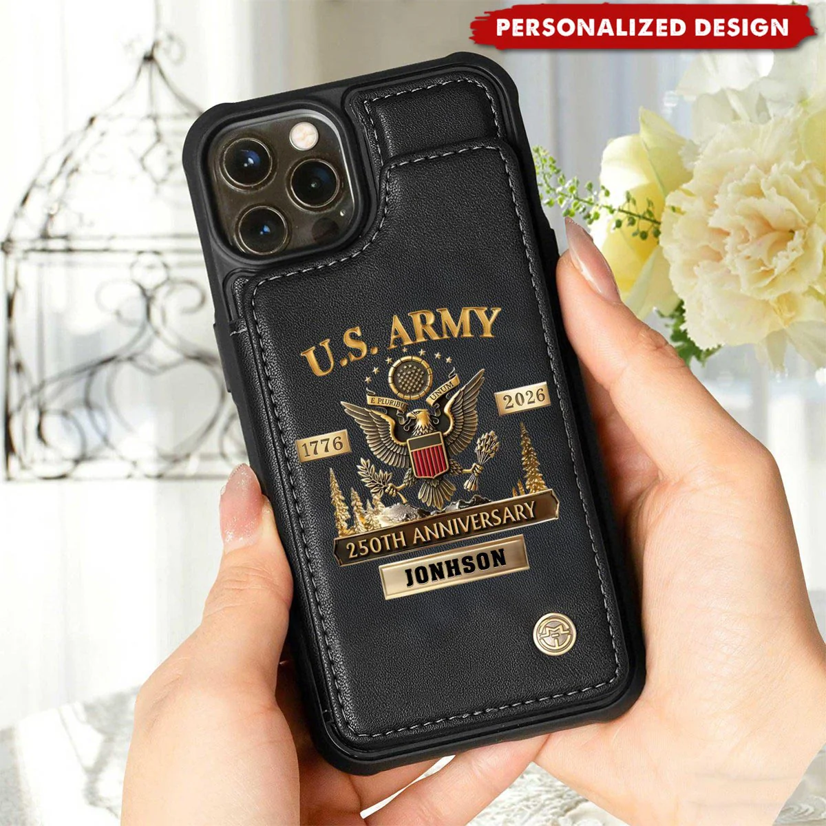 Personalized U.S. Army Leather Wallet Phone Case, 250th Anniversary Military Phone Case - Image 3