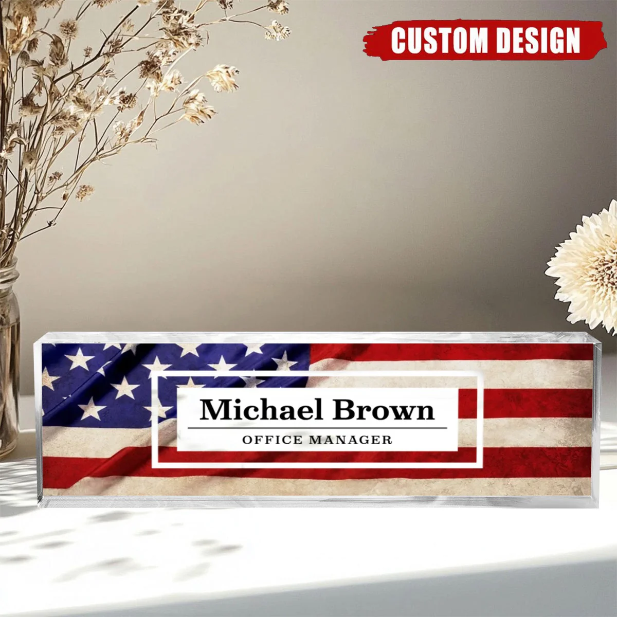 Personalized USA Flag Desk Name Plate, Patriotic Clear Acrylic Desk Plaque - Image 2
