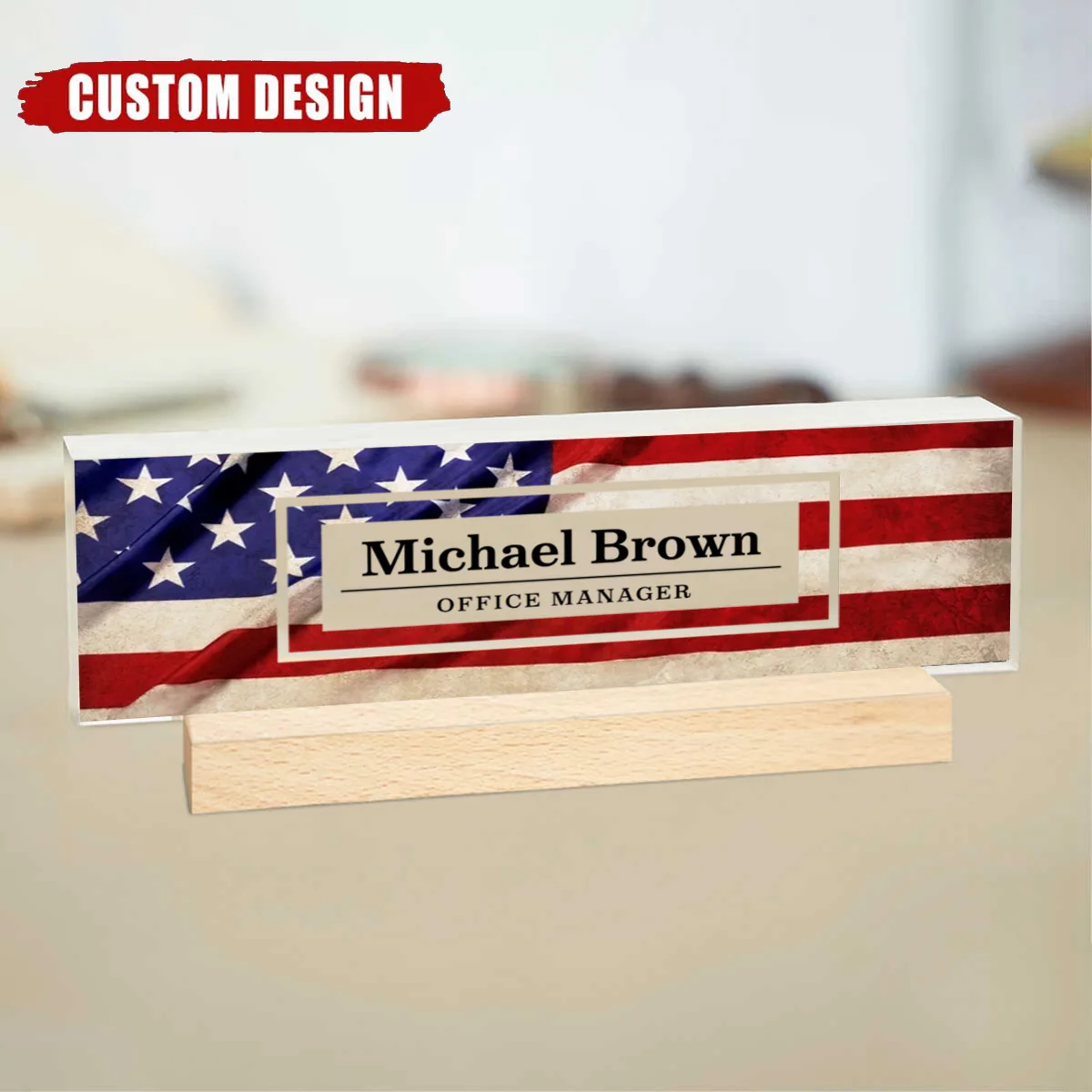 Personalized USA Flag Desk Name Plate, Patriotic Clear Acrylic Desk Plaque - Image 3