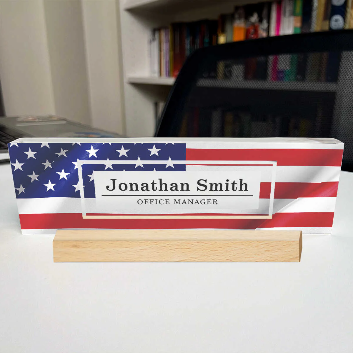 Personalized USA Flag Desk Name Plate, Patriotic Clear Acrylic Desk Plaque - Image 4