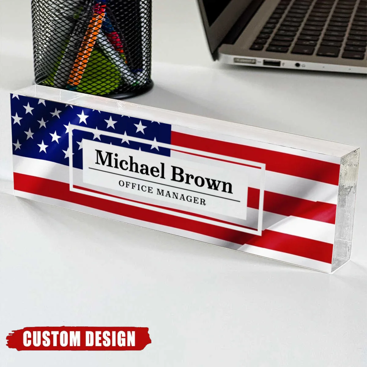 Personalized USA Flag Desk Name Plate, Patriotic Clear Acrylic Desk Plaque - Image 5