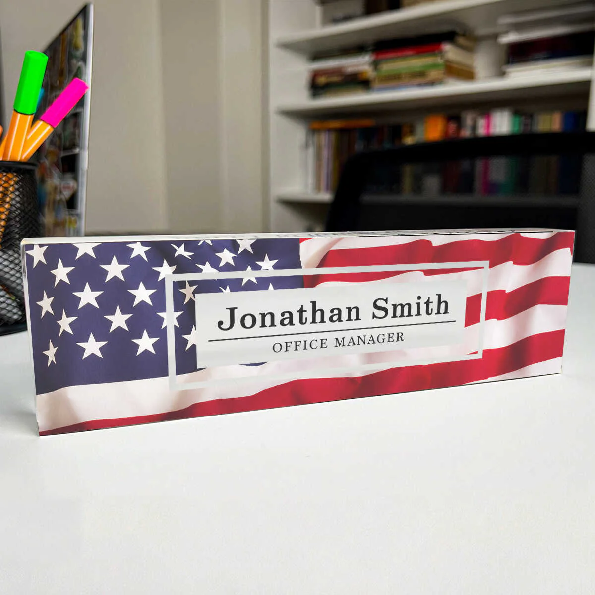 Personalized USA Flag Desk Name Plate, Patriotic Clear Acrylic Desk Plaque - Image 6