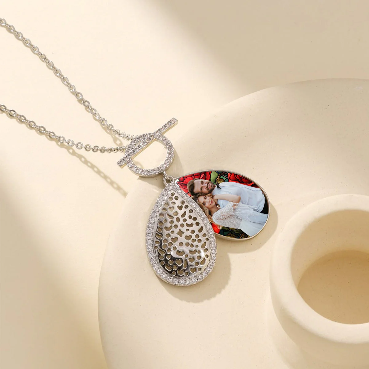 Personalized Water Drop Shape Stained Glass Background Photo Box Necklace - Image 2