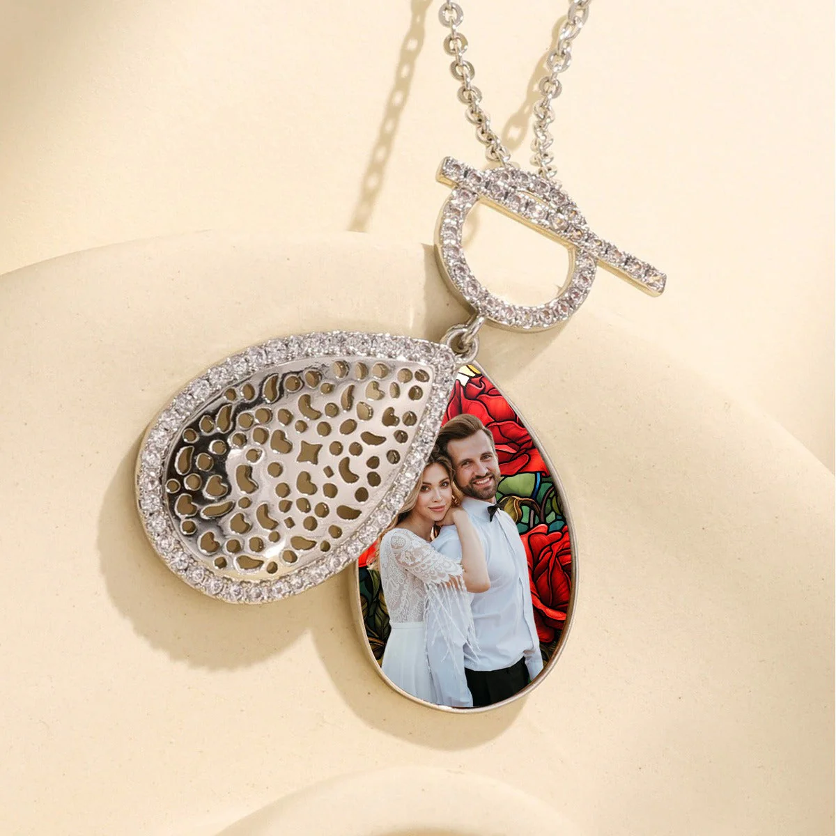 Personalized Water Drop Shape Stained Glass Background Photo Box Necklace - Image 4