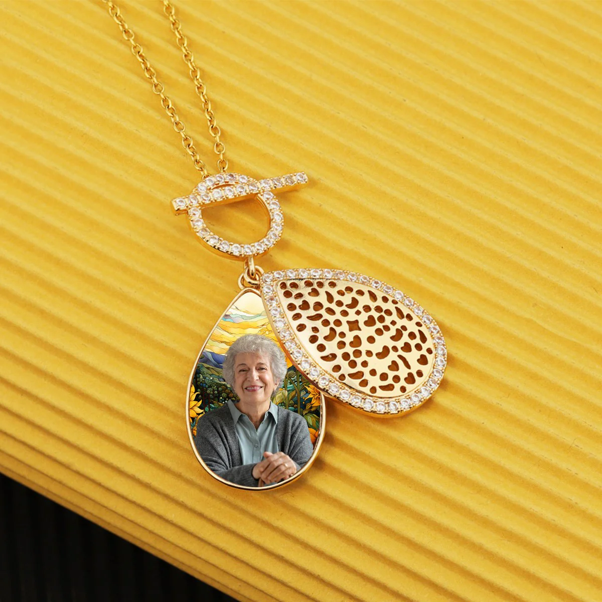 Personalized Water Drop Shape Stained Glass Background Photo Box Necklace - Image 5