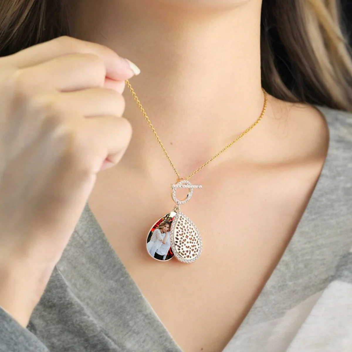 Personalized Water Drop Shape Stained Glass Background Photo Box Necklace - Image 6