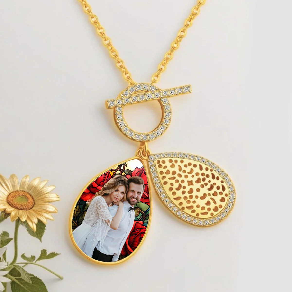 Personalized Water Drop Shape Stained Glass Background Photo Box Necklace - Image 7