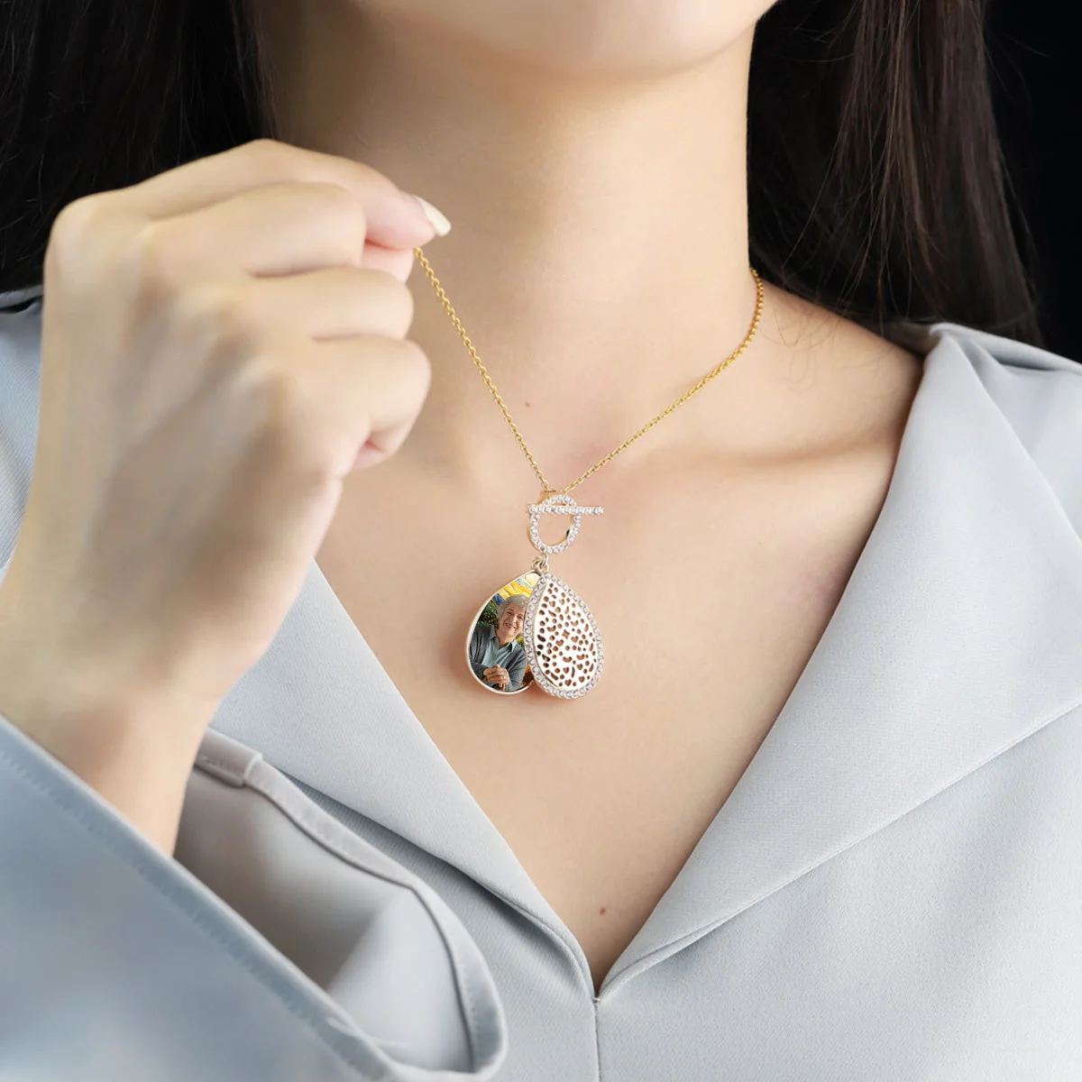 Personalized Water Drop Shape Stained Glass Background Photo Box Necklace - Image 8