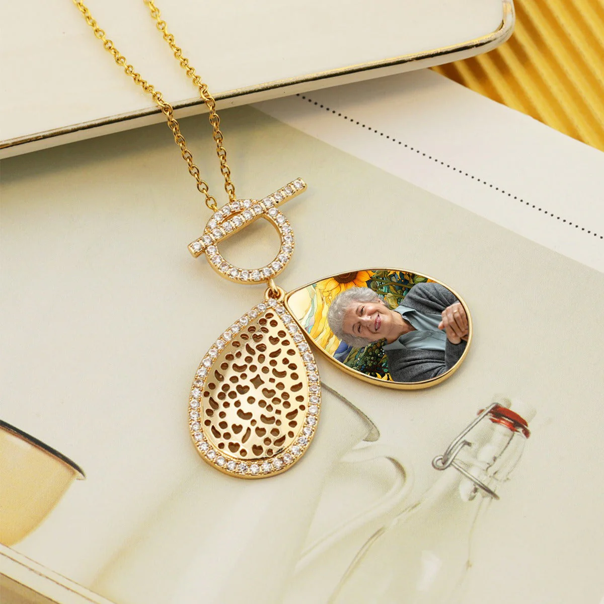 Personalized Water Drop Shape Stained Glass Background Photo Box Necklace - Image 9